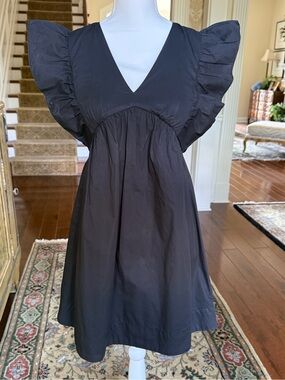 Black Flutter-Sleeve Poplin V-Neck Mini Dress - Women